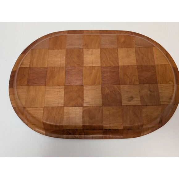 Formosa-Wood Checkered Wooden Oval Serving Tray 18"x12" Genuine Oriental Vintage - Picture 3 of 5